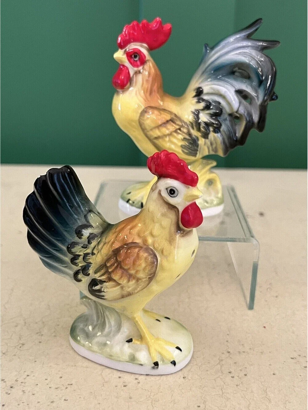 Large Vintage Colorful Rooster/Hen Salt Pepper Shakers